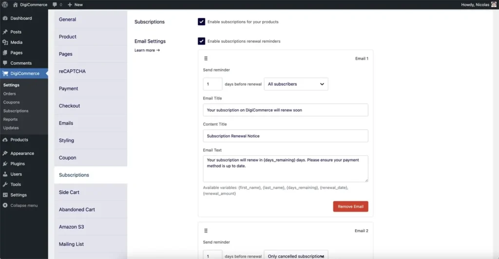 subscription settings