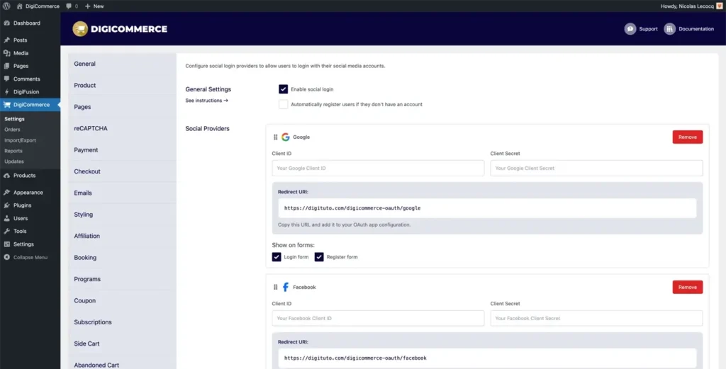 DigiCommerce Social Login addon